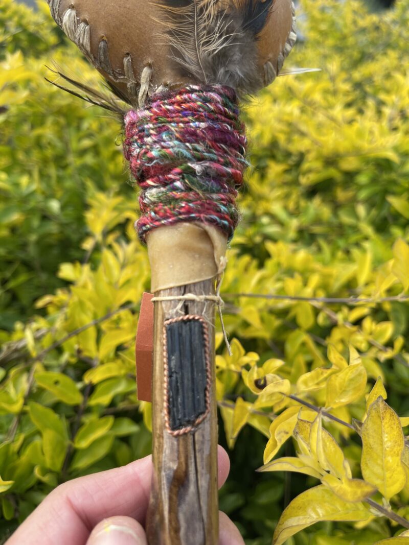 This is Ceremonial Goat Hide Rattle with Black Tourmaline (30cm)