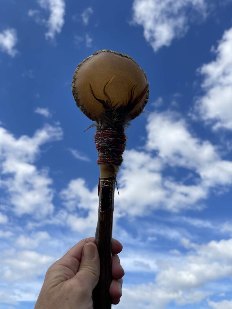 This is Ceremonial Goat Hide Rattle with Black Tourmaline (30cm)