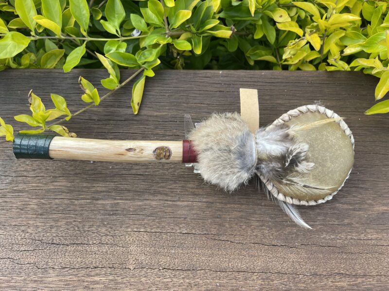 This is Ceremonial Goat Hide Rattle with Peacock Ore (30cm)