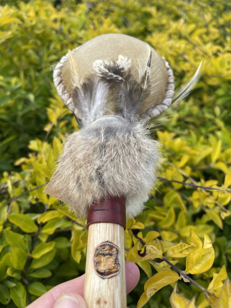 This is Ceremonial Goat Hide Rattle with Peacock Ore (30cm)