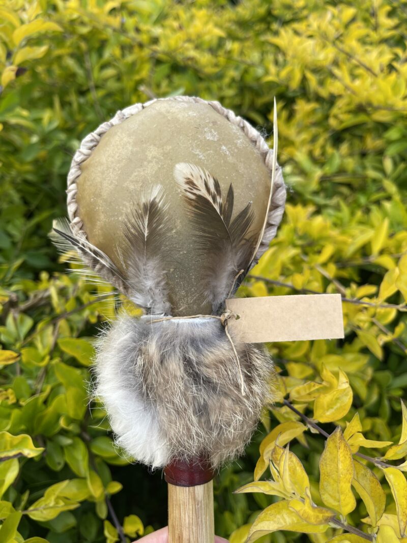 This is Ceremonial Goat Hide Rattle with Peacock Ore (30cm)