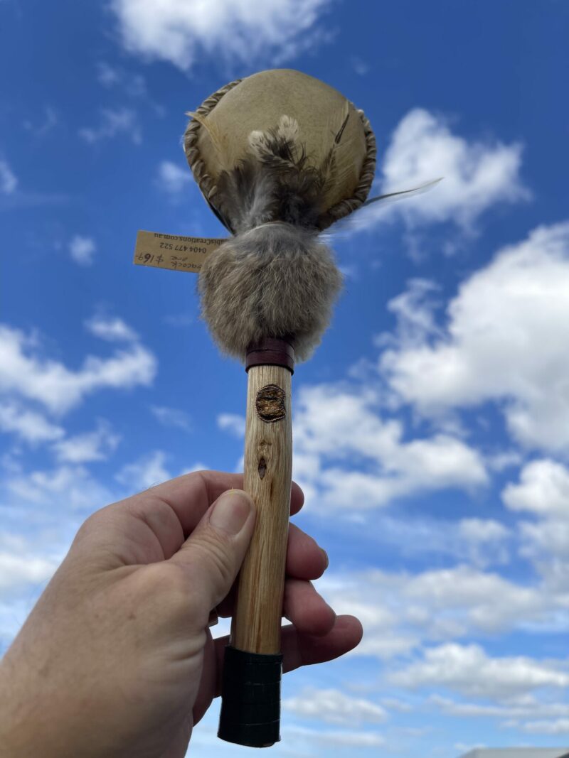 This is Ceremonial Goat Hide Rattle with Peacock Ore (30cm)