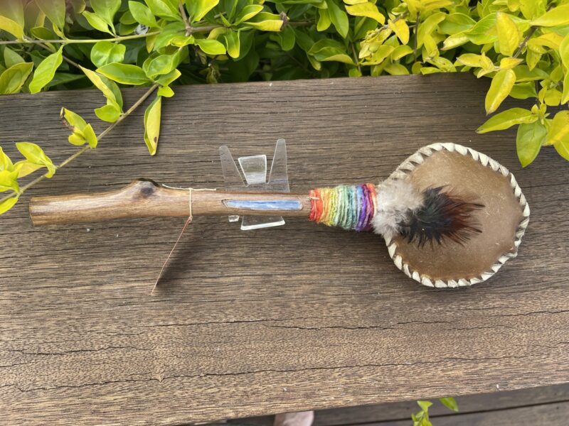 This is Ceremonial Goat Hide Rattle with Blue Kyanite (30cm)