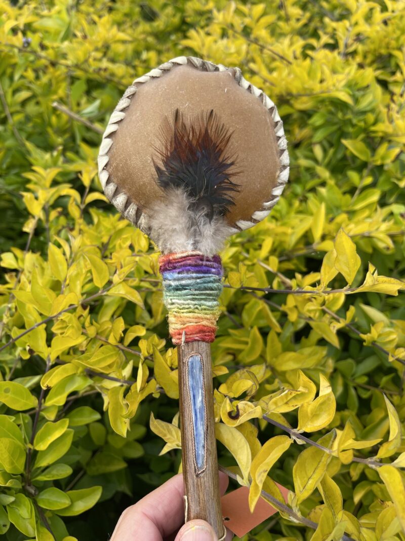 This is Ceremonial Goat Hide Rattle with Blue Kyanite (30cm)