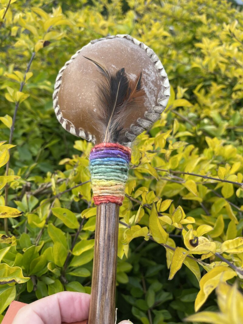 This is Ceremonial Goat Hide Rattle with Blue Kyanite (30cm)