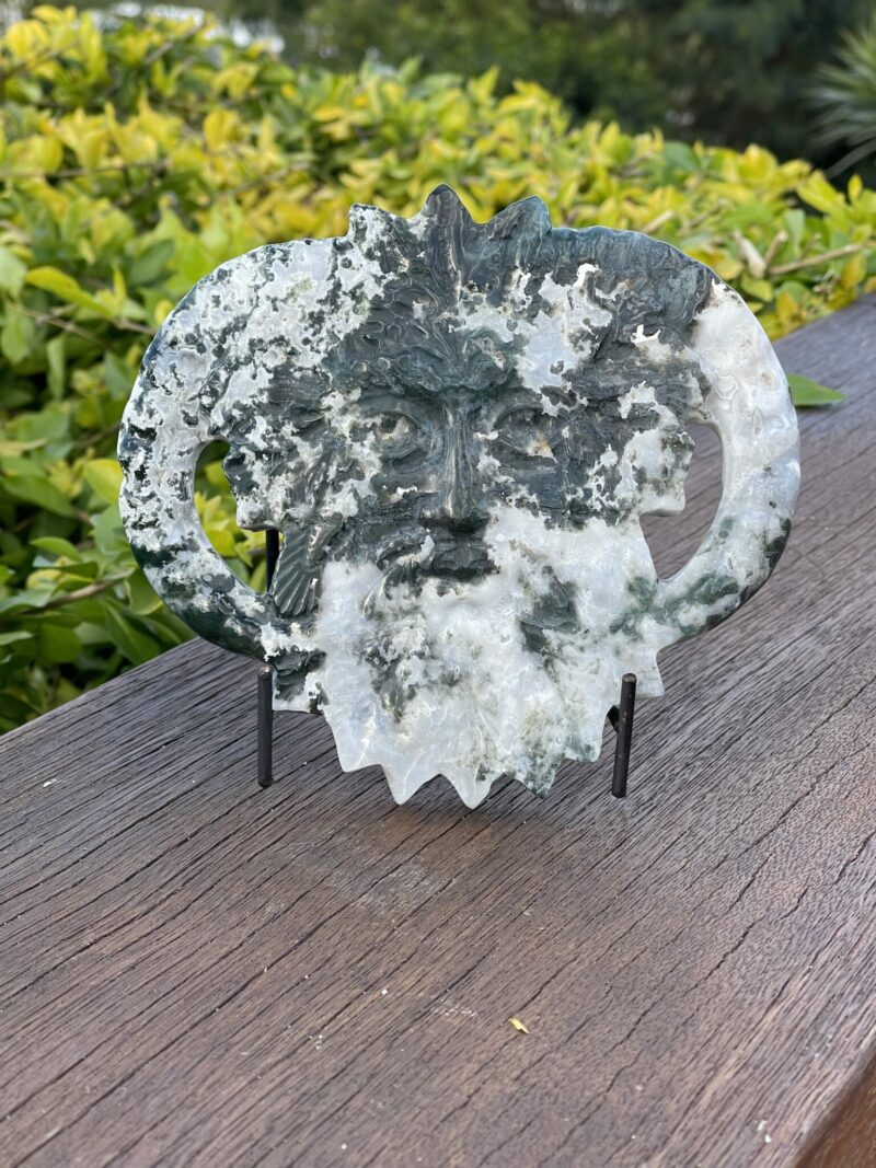 This is Mystical Stonehenge Moss Agate Green Man Carving (779g)