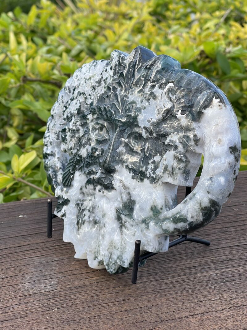 This is Mystical Stonehenge Moss Agate Green Man Carving (779g)