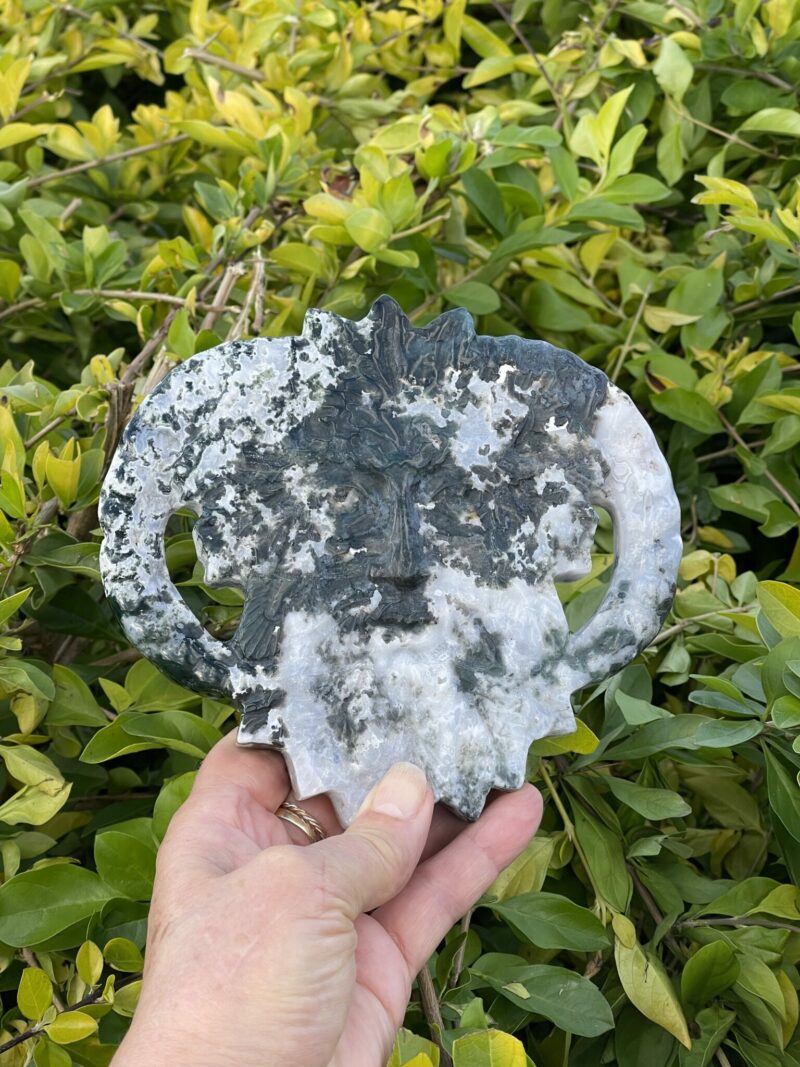 This is Mystical Stonehenge Moss Agate Green Man Carving (779g)