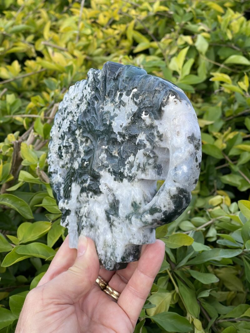 This is Mystical Stonehenge Moss Agate Green Man Carving (779g)