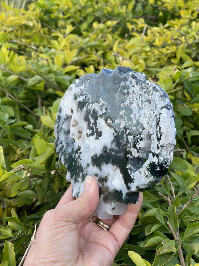 This is Mystical Stonehenge Moss Agate Green Man Carving (779g)