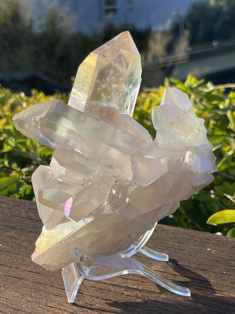 this is Celestial Angel Aura Quartz Cluster: 770g of Divine Connection and Spiritual Mastery"