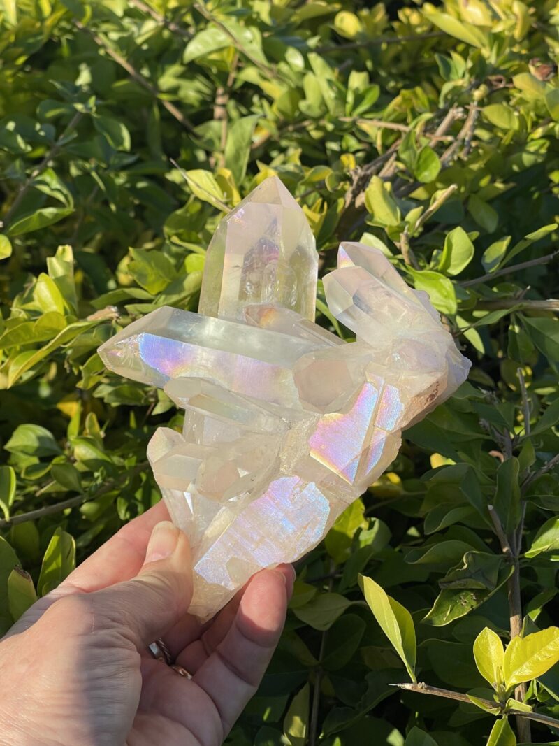 this is Celestial Angel Aura Quartz Cluster: 770g of Divine Connection and Spiritual Mastery"