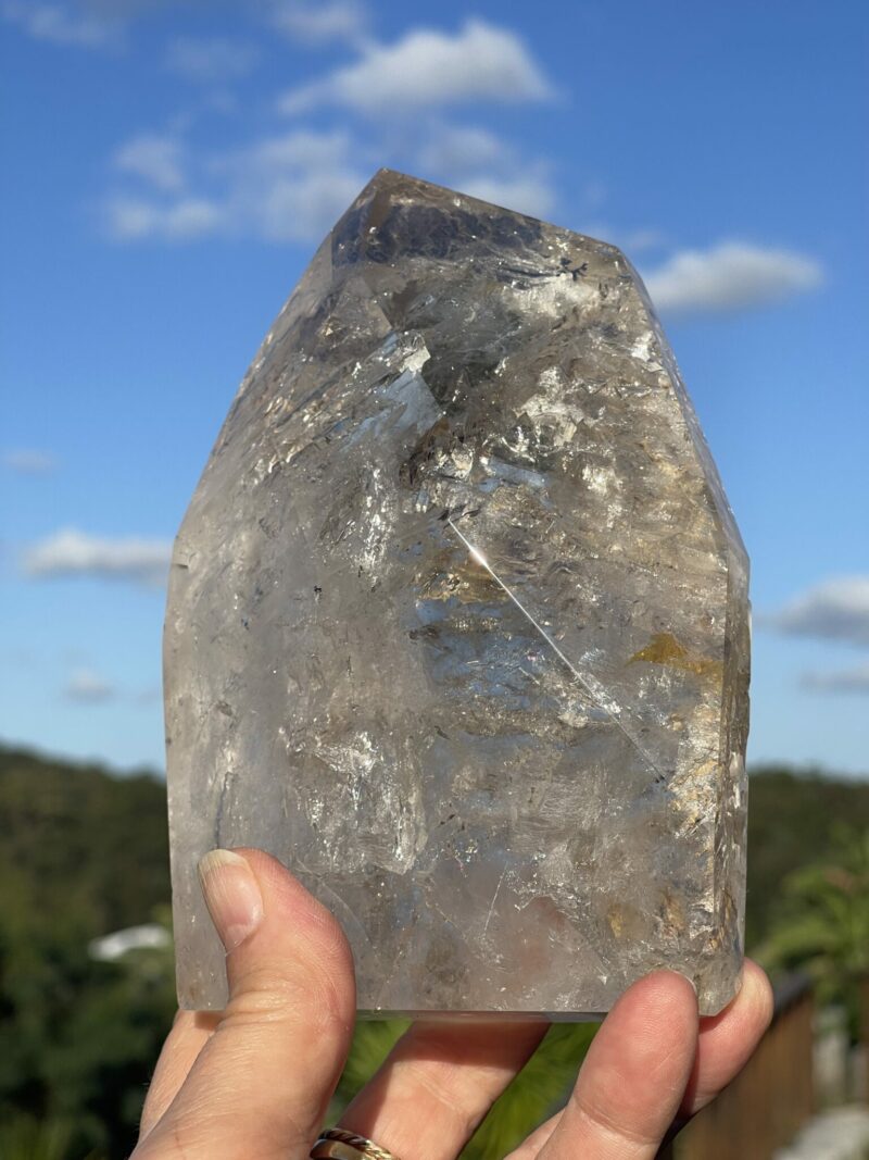 this is Mesmerizing Polished Elestial Magic Clear Quartz: 1.1kg of Spiritual Insight and Amplified Energy