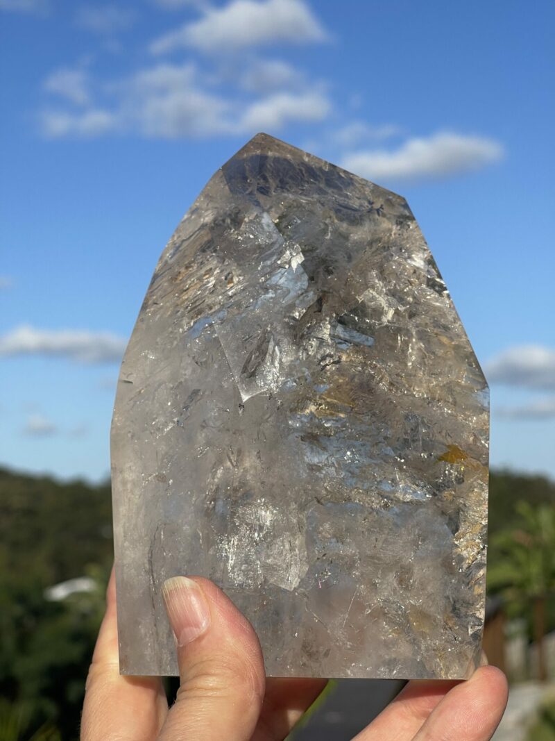 this is Mesmerizing Polished Elestial Magic Clear Quartz: 1.1kg of Spiritual Insight and Amplified Energy