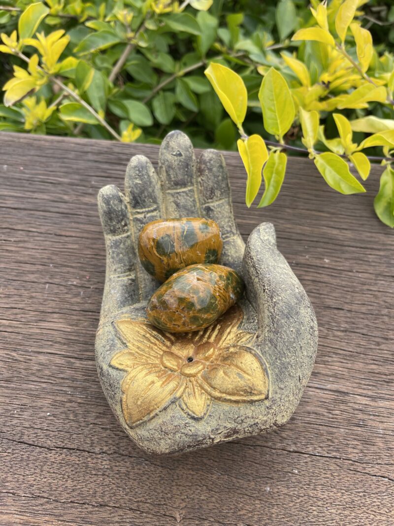 This is Balancing Harmony: Large Green-Yellow Ocean Jasper Tumbler for Emotional Growth and Positivity