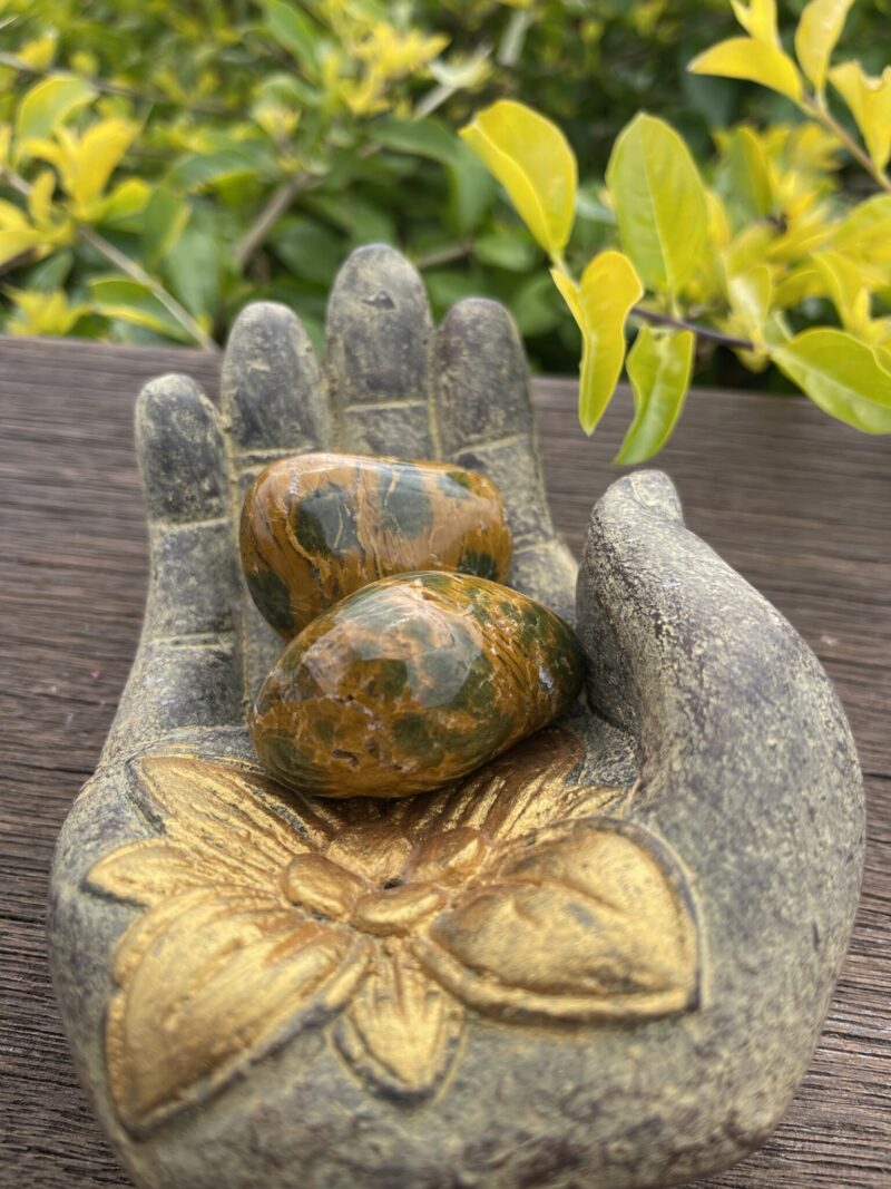 This is Balancing Harmony: Large Green-Yellow Ocean Jasper Tumbler for Emotional Growth and Positivity