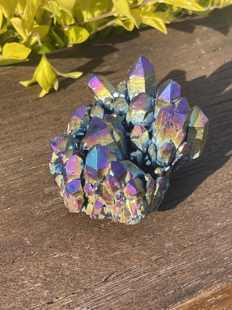 This is Titanium Aura Quartz Cluster for High Vibrational Energy and Transformation