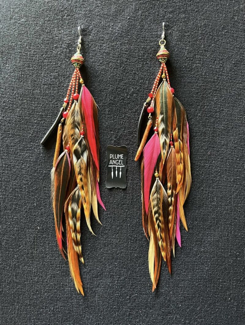 Gorgeous Nepalese round Brass Bead Fiery Feather Earrings