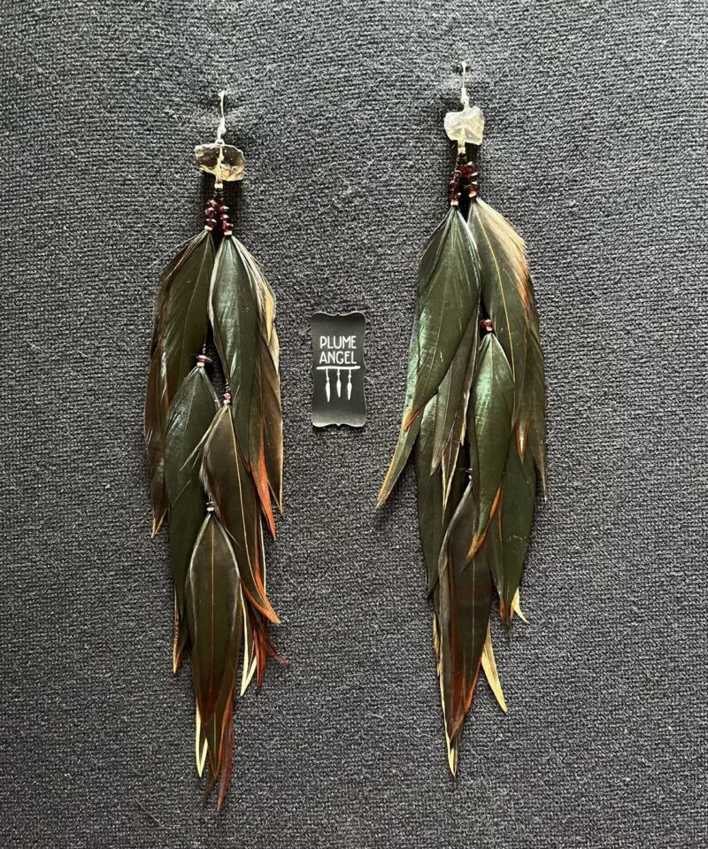 These are Raw Smokey and Garnet Mystical Feather Earrings