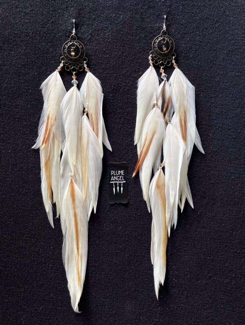 This is Plume Angel Festive White & Golden Brown Feather Earrings – A Statement of Beauty and Purpose