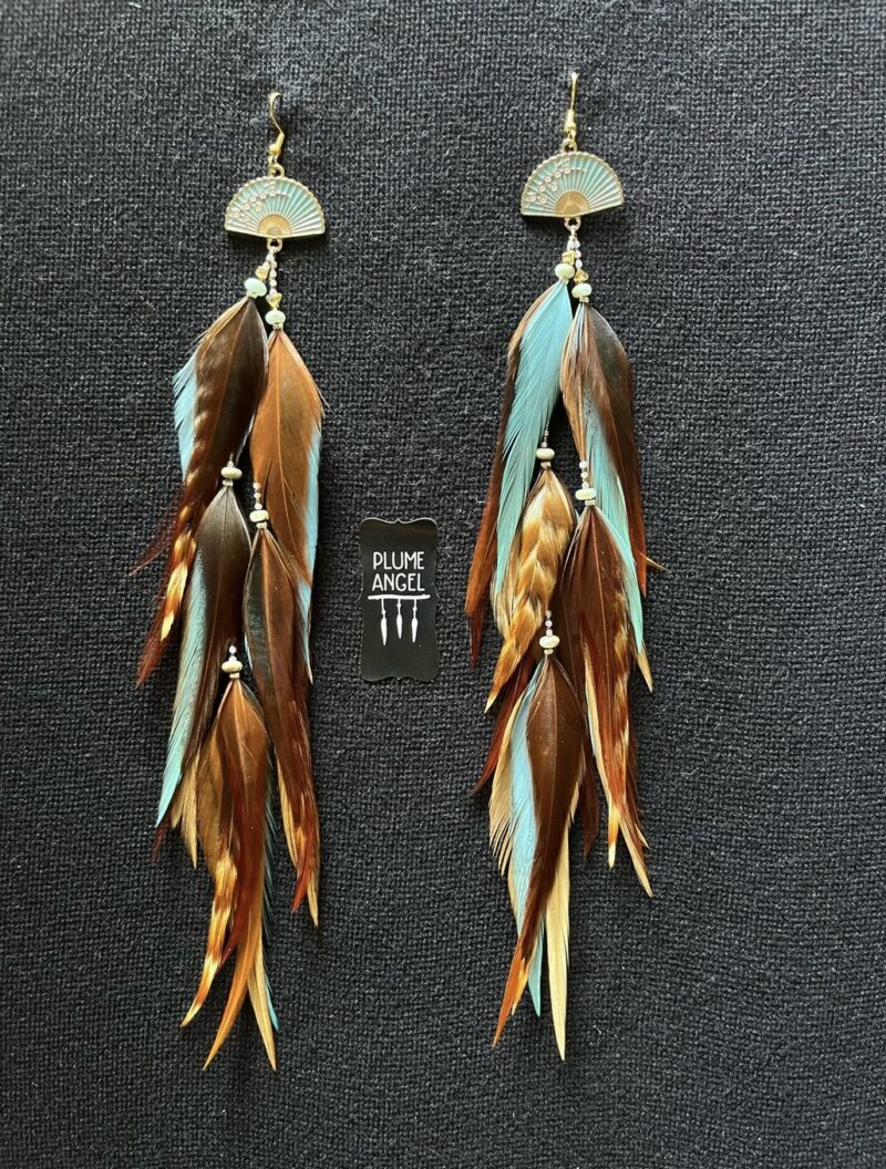 These are Turquoise Fan Brown and Turquoise Feather Earrings – Vibrant Elegance with a Natural Touch