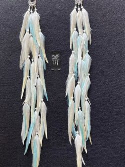 These are Blond Pastel Turquoise Feather Earrings – Elegance in Length and Soft Hues