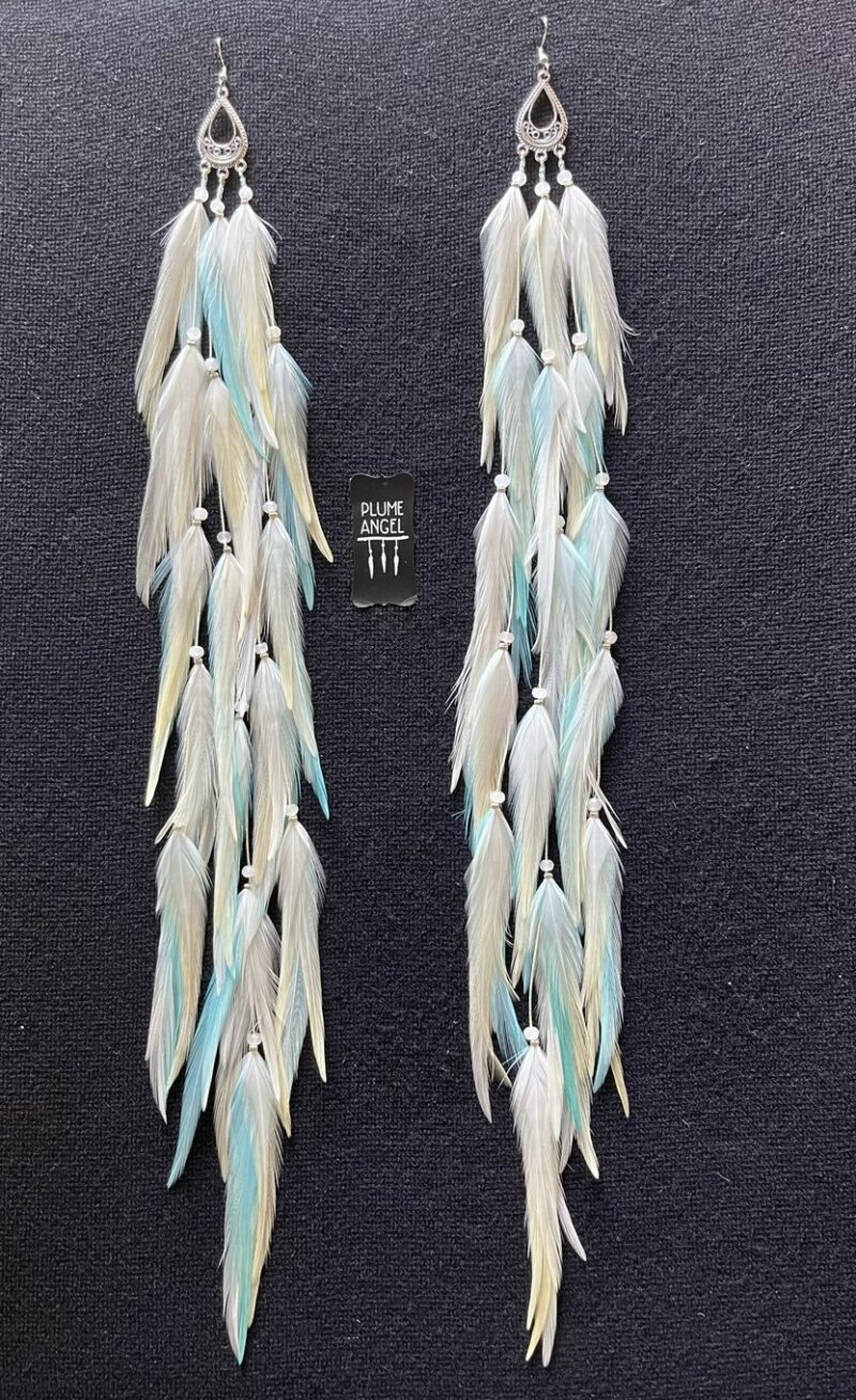 These are Blond Pastel Turquoise Feather Earrings – Elegance in Length and Soft Hues