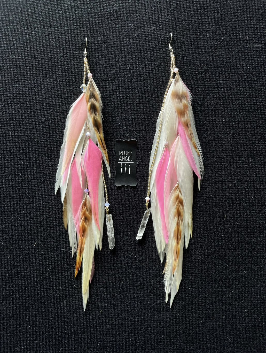 White and Pink Glitter String Feather Earrings