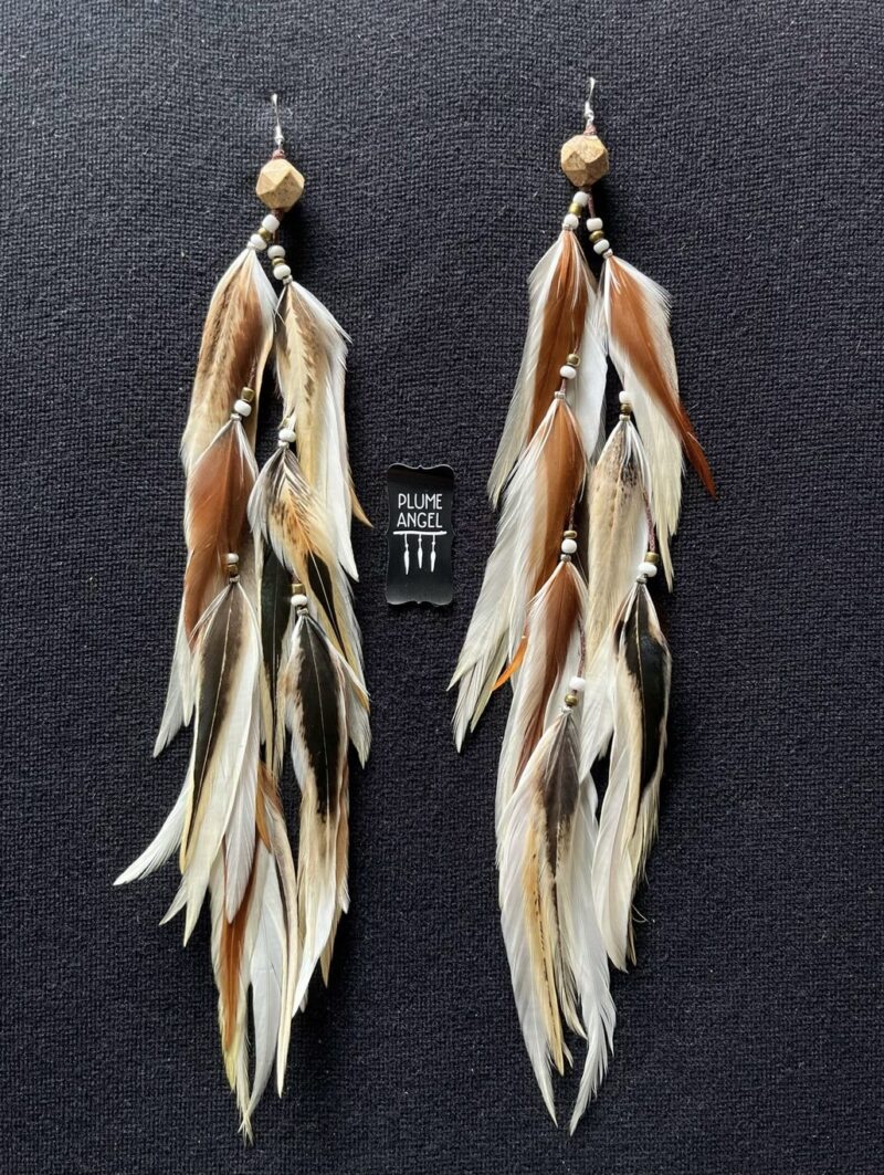 These are Merkabah Stone and Natural White-Brown Feather Earrings – Sacred Elegance and Grounding Energy