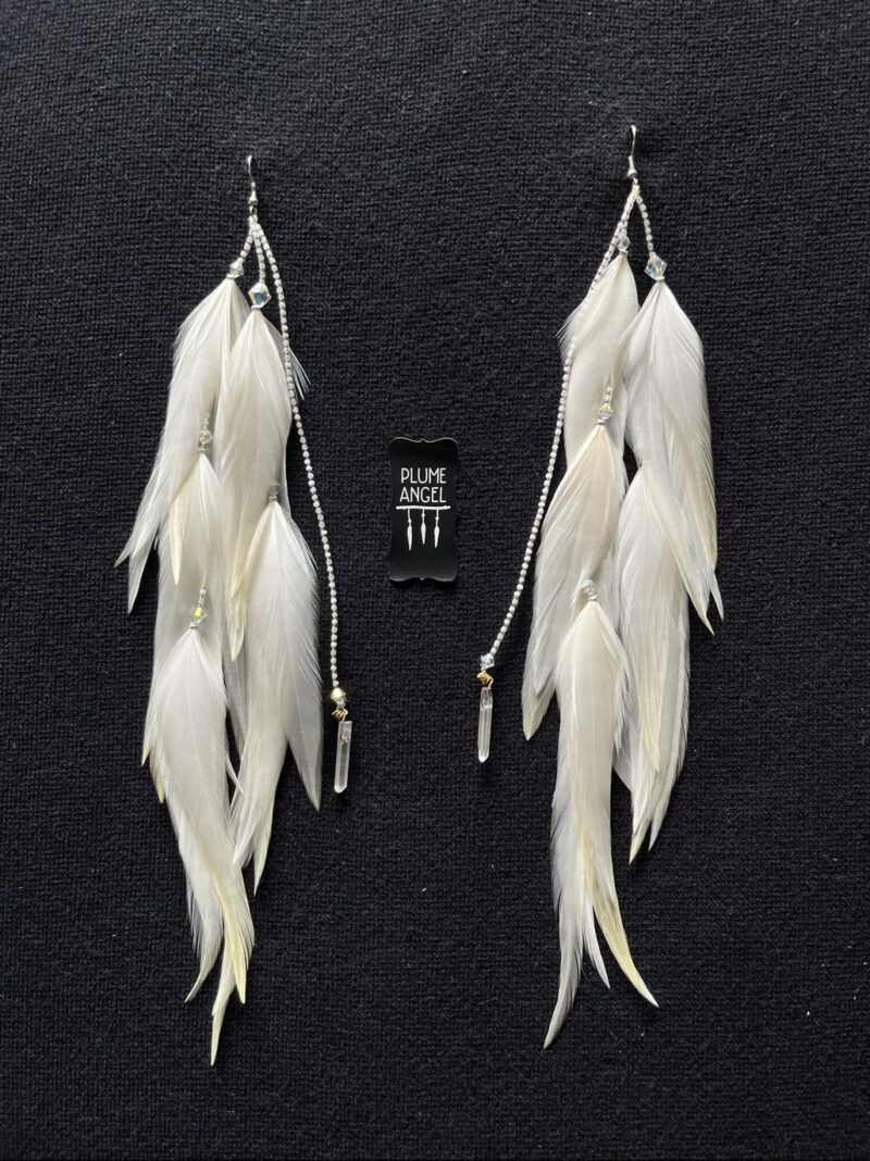 These are Glitter Strings White Feather Earrings – Sparkle with Elegance and Purpose