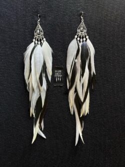 These are Peacock Princess Black and White Feather Earrings