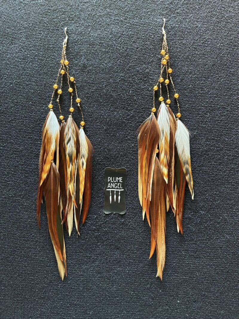 These are Autumn Magic Gold Beads and Natural Feather Earrings – Warmth and Grace in Every Detail