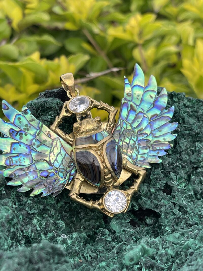 his is Enchanted Brass Scarab Mother of Pearl Wings Pendant