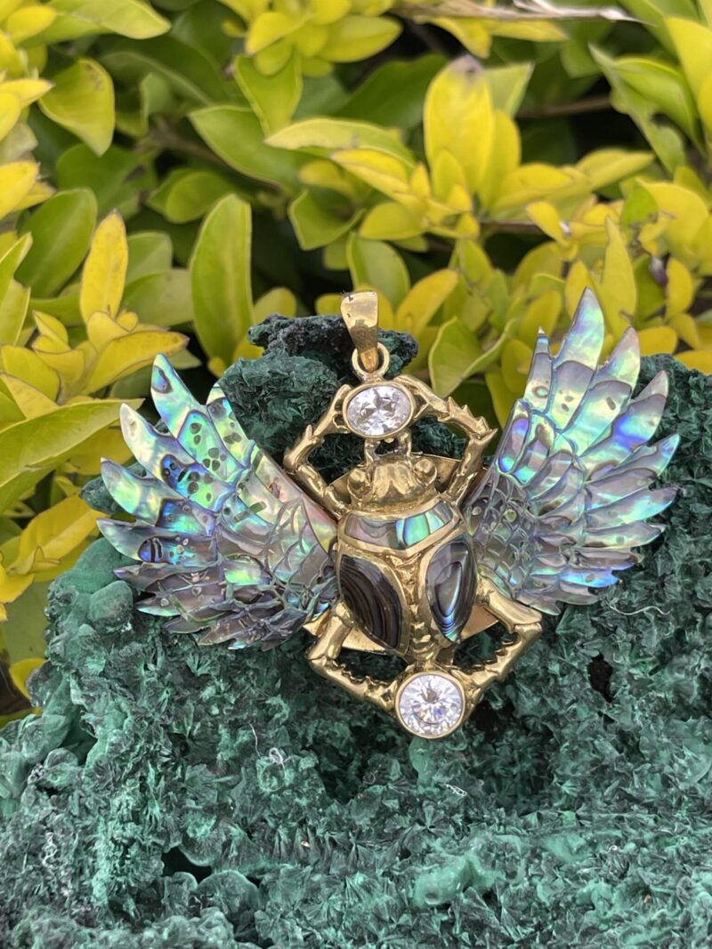 his is Enchanted Brass Scarab Mother of Pearl Wings Pendant