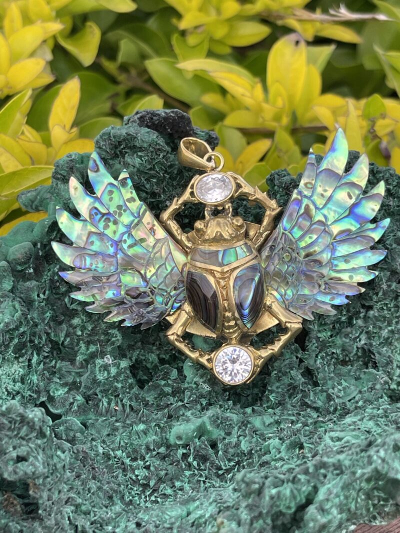 his is Enchanted Brass Scarab Mother of Pearl Wings Pendant