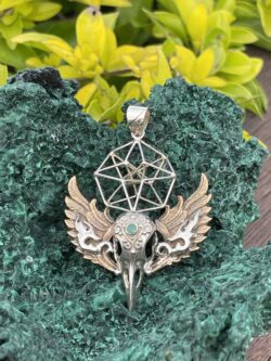 This is Brass and Silver Hypercube Raven Skull Wing Pendant