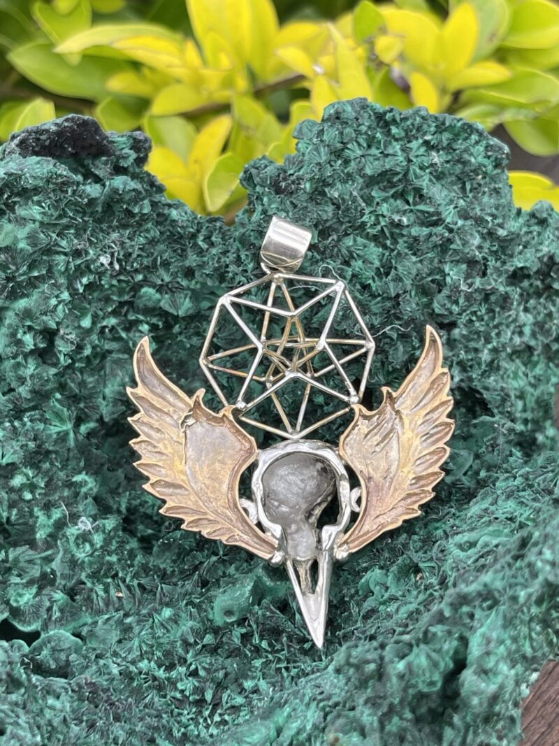 This is Brass and Silver Hypercube Raven Skull Wing Pendant