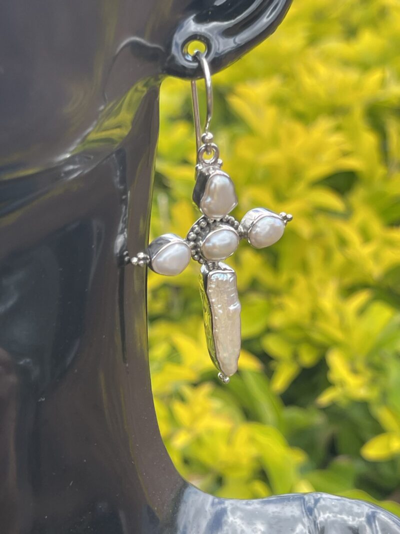 These are Sterling Silver Rosary Cross Pearl Earrings