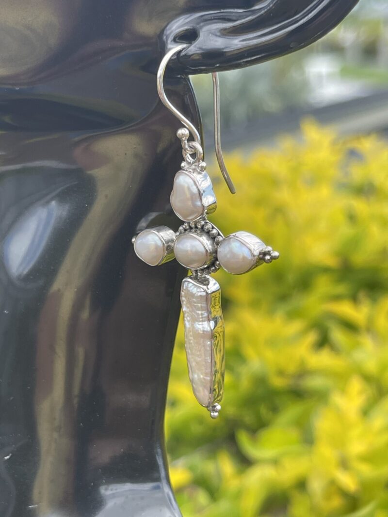 These are Sterling Silver Rosary Cross Pearl Earrings