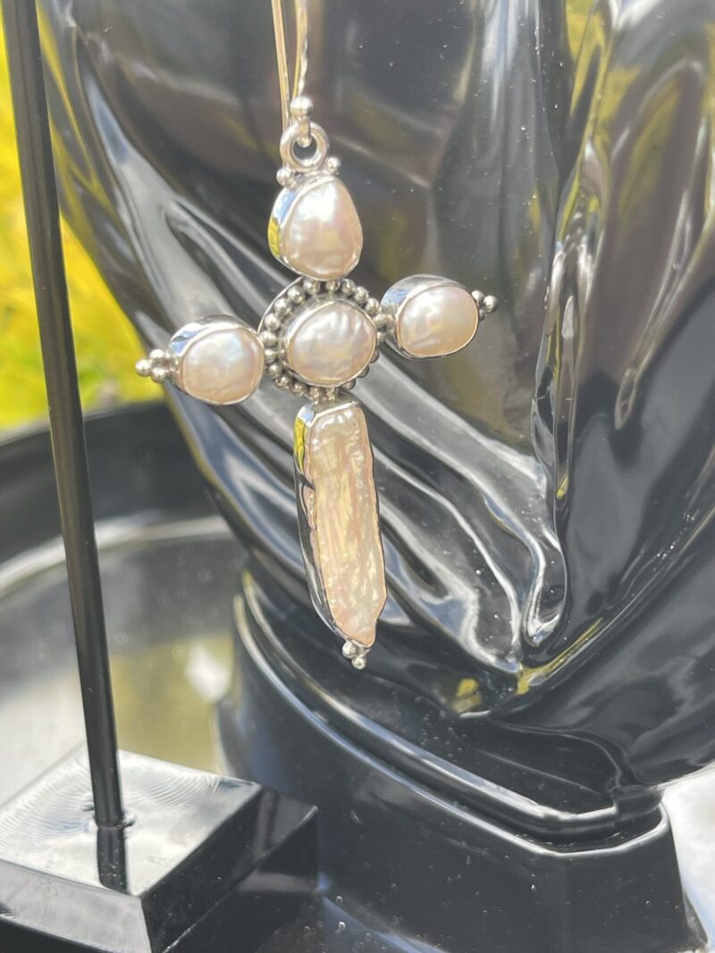 These are Sterling Silver Rosary Cross Pearl Earrings