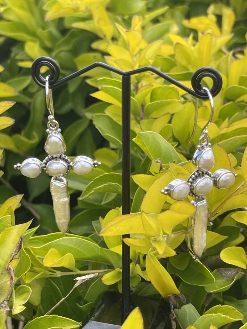 These are Sterling Silver Rosary Cross Pearl Earrings