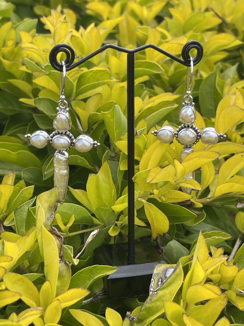 These are Sterling Silver Rosary Cross Pearl Earrings