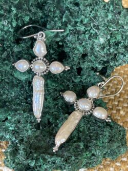 These are Sterling Silver Rosary Cross Pearl Earrings