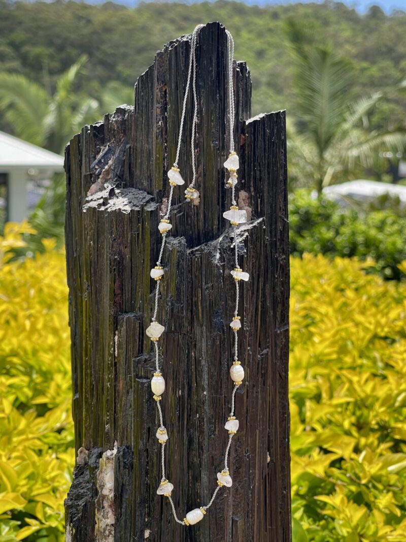 This is Rose Quartz Beads and Pearl Gray Cord Necklace