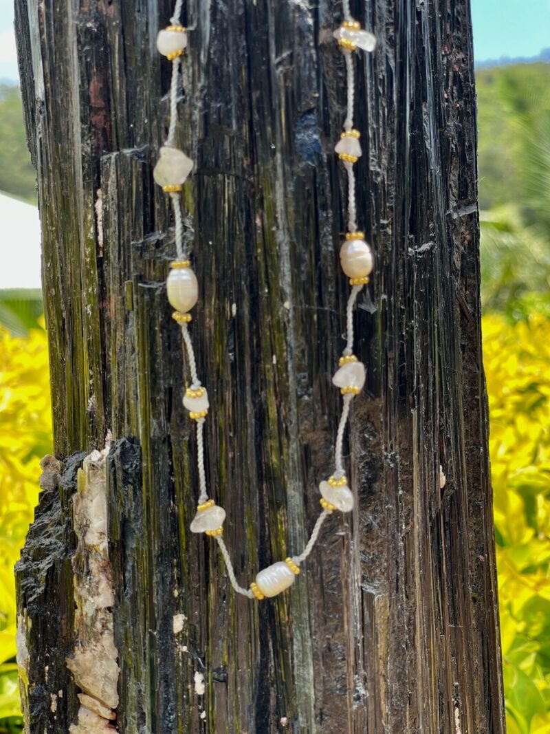 This is Rose Quartz Beads and Pearl Gray Cord Necklace