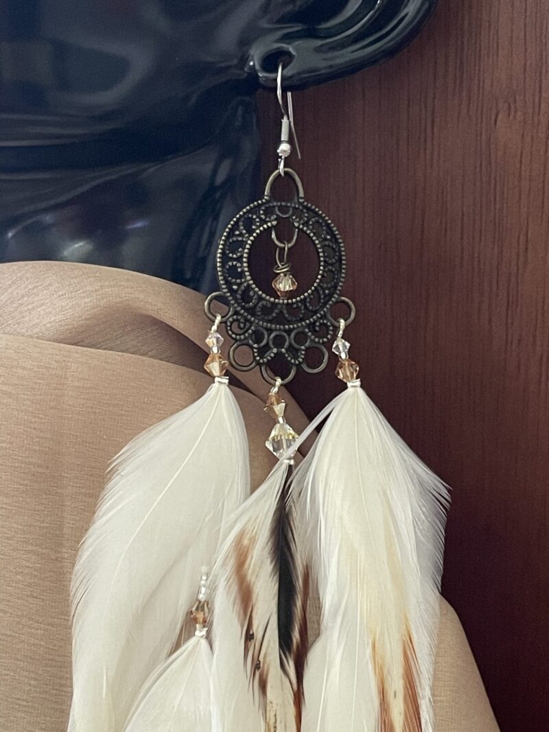 This is Plume Angel Festive White & Golden Brown Feather Earrings – A Statement of Beauty and Purpose