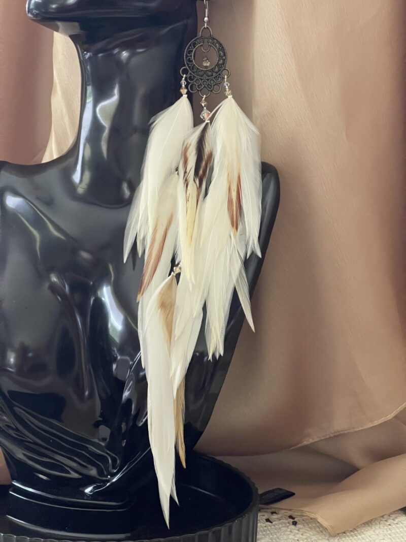 This is Plume Angel Festive White & Golden Brown Feather Earrings – A Statement of Beauty and Purpose