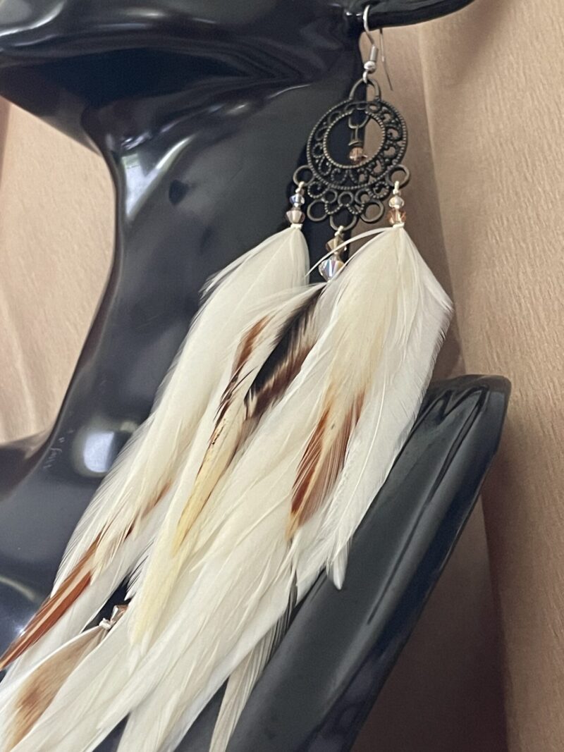 This is Plume Angel Festive White & Golden Brown Feather Earrings – A Statement of Beauty and Purpose