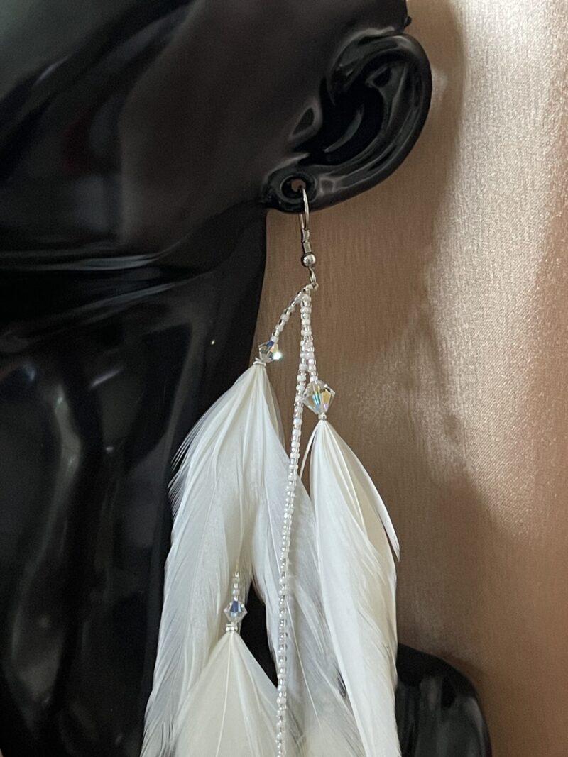 These are Glitter Strings White Feather Earrings – Sparkle with Elegance and Purpose