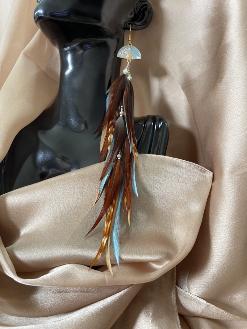 These are Turquoise Fan Brown and Turquoise Feather Earrings – Vibrant Elegance with a Natural Touch